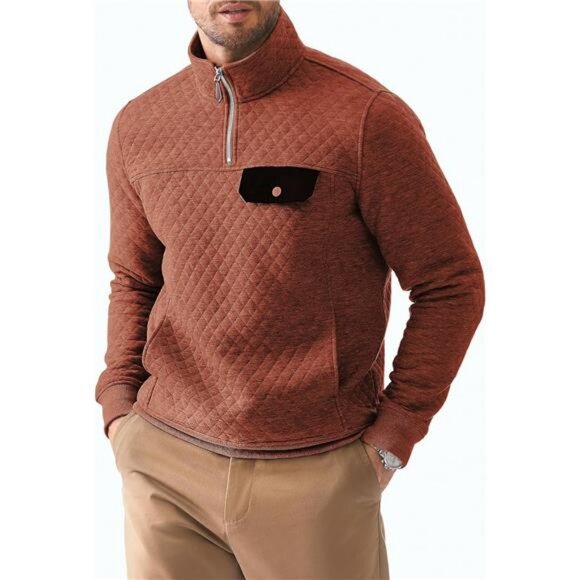 Men's Quilted Sweatshirt Long Sleeve Outdoor Stand Collar Quarter-Zip Pullover - Picture 3 of 7